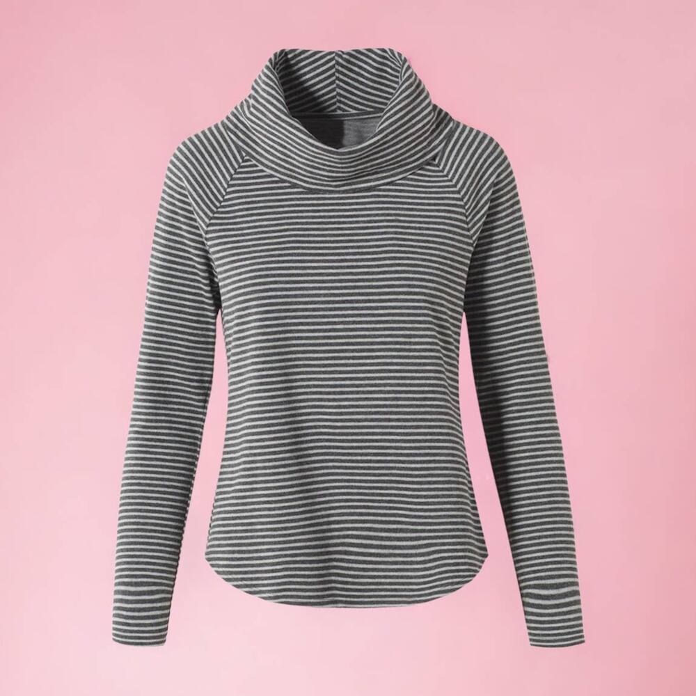 Weekends by Chico's Cozisoft Striped Cowl Neck Pullover Top Gray/Black Size M